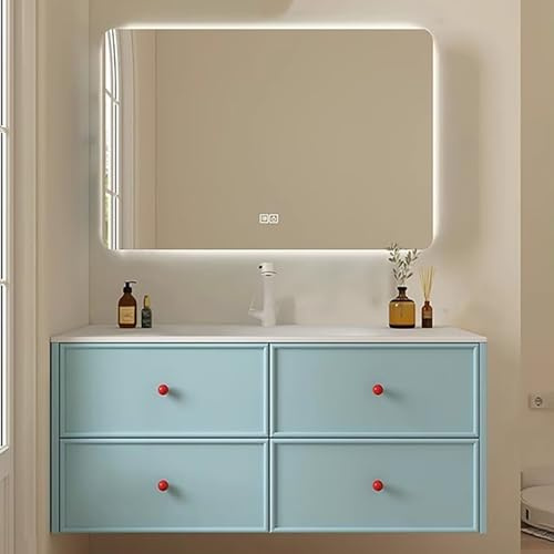 Mobiletto da Bagno Moderno Blu con Lavabo in Pietra Senza Giunture, Mobile in Rovere Massello, Mobili Bagno Sospesi per un Arredamento da Bagno Elegante