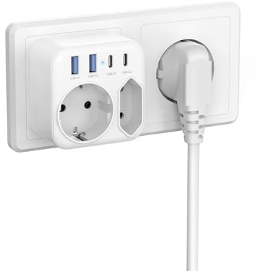 Doppelstecker für Steckdose, 2x USB-A + 2x USB-C, 6-in-1 Mehrfachsteckdose | Steckdosenadapter 1x Schuko + 1x Euro, 3680W/16A, ohne Kabel, Ideal für Zuhause, Büro & Reisen.