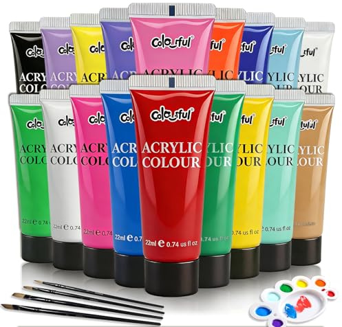 Colorful Basic Acrylic Paint Set, 18 Pack with Brush & Palette, Craft Paint | Complete painting kit for creative artwork, handmade craft and beginner-friendly projects with essential tools included