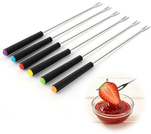 6 PCS Fondue Forks with Plastic Handles, Stainless Steel Fondue Sticks for Fondue Cheese Chocolate & BBQ, Color-Coded Skewers for Fondue Sets