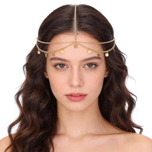 Kopfkette Gold Damen, Boho Stirnschmuck Damen, Kopfkette Gold, Wahrsagerin Kopfschmuck, Golds Göttin Kopfkettes, Boho Geschichtete Kopfkettes, für Karneval, Geburtstage, Hochzeiten, Mottopartys