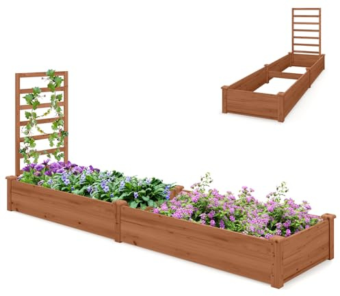 HOMASIS Jardiniere Extérieur Grande Taille avec Treillis, Carré Potager en Bois avec Support pour Plantes Grimpantes, Lit de Jardin pour Terrasse Balcon, 235 x 63 x 102 cm (Marron)