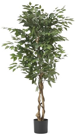 Artificial Ficus Tree 5 Ft (59 Inch), Realistic Weeping Fig with Twisted Trunk, Tall Faux Indoor Floor Plant Pre-Potted for Living Room Office Decor, Maintenance Free, Green