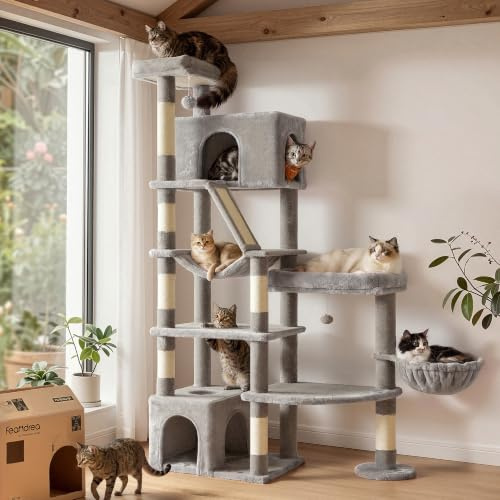 Feandrea Cat Tree, Multi-level Tall Cat Tower for Large Cats, 105 x 45 x 188 cm, 6 Rest Areas, Sisal Scratching Posts and Board, Double Baseboard, Light Grey, Clawfy Collection PCT016G101 | CLAWFY PCT016G101 6 Sleeping Areas for Large Cats, 105 x 45 x 188 cm, Taupe Grey