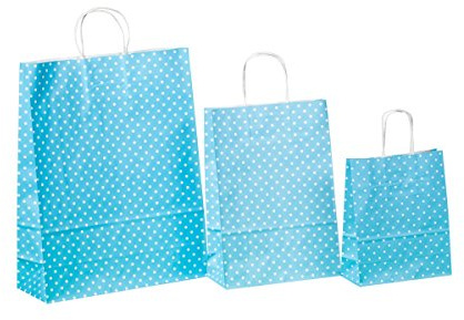 250 Kordel Papiertragetaschen Einkaufstüten aus Papier Geschenktüten mit Papierkordel Henkel Blau Hellblau mit weißen Punkten Pünktchen Polka Dots Verschiedene Größen zur Auswahl (22+11x31cm)