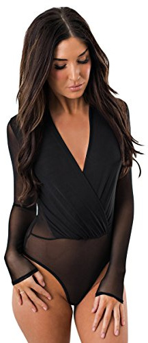 NBBNYJ Body Donna Sexy Estivi Sheer Nero V Collo Manica lunga Bodysuit Blusa Camicie Top Tuta Abbigliamento (Nero, S)
