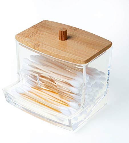 NAGU Acrylic Qtip Holder with Bamboo Lid, Clear Small Cotton Swab Dispenser, Plastic Ear Stick Swabs Holder, Square Toothpick Storage Container, Bathroom Countertop Decorative Storage Organizer