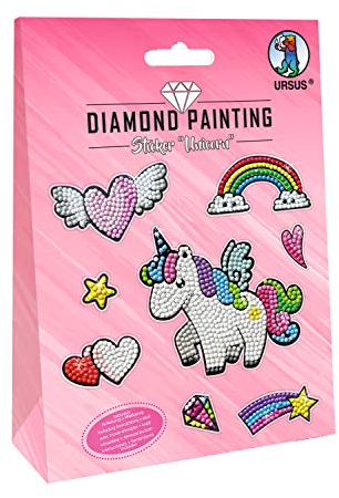 Ursus 43500001 - Diamond Painting Unicorn, Stickern mit funkelnden Diamanten, Set mit 2 Stickerbögen in verschiedenen Designs, Diamantensteine, Picker, Wachs und Schale, inklusive Anleitung