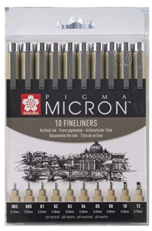 SAKURA Pigma Micron Fineliner-Set (10 Stück) | wasserfeste, permanente schwarze Tinte, verschiedene Größen Stifte zum Schreiben, Zeichnen und Tagebuch führen