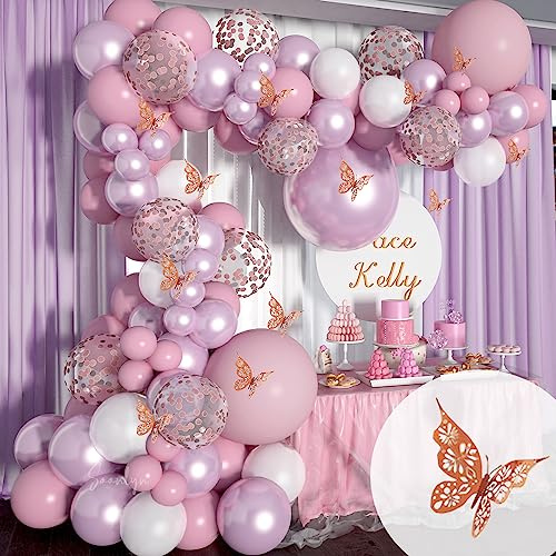 Soonlyn Butterfly Baby Shower Decorations 13ft Pink Balloon Arch Kit with Butterfly Stickers, Lilac Purple Metallic Rose Gold Confetti Balloons for Birthday Decorations Girl 18 In 12 In 10 In 5 In