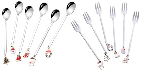 HEMOTON 12 Stück Weihnachten Edelstahl Kaffeelöffel Vorspeisengabel Geschirr Dessertlöffel, Rühren, Mischen, Rühren, Obst, Kuchen, Teelöffel- Set (Silber- 6 Löffel+ 6 Gabeln)