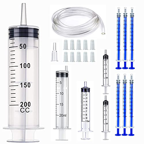 Gebildet 200ml Sprutor med 1,3 m rör och 20ml/10ml Vardera 1st/5ml för 2st/1ml för 6st, Stor Plastspruta för Scientific Labs, Mätning av Näringsämnen, Vattning, Påfyllning