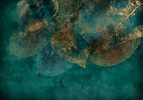 decomonkey Fototapete Pflanzen Abstrakt 350x256 cm XXL Design Tapete Fototapeten Vlies Tapeten Wandtapete Moderne Wand Schlafzimmer Wohnzimmer Laub Blau Steinwand Türkis Betonoptik