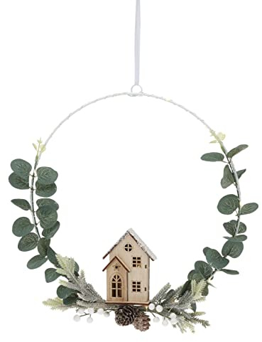 Weiß Metallring mit LED Türkranz Eukalyptus Haus Zapfen Weihnachten Deko Ø30cm