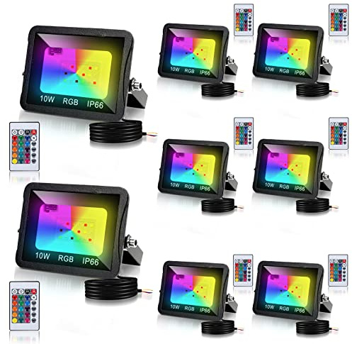 Vigevee Foco RGB de 10 W, 8 unidades, foco LED RGB con mando a distancia, foco LED RGB regulable con 16 colores, 4 modos, IP66 resistente al agua, foco RGB exterior para fiestas, jardín, luz ambiental