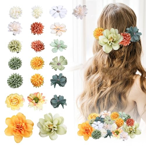 21 Stück Blumen Haarspangen Bohemian Haarclip Mehrfarbig Rosen Haarnadeln Haarschmuck für Strandparty, Braut, Hochzeit, Event Dekoration (Gelbgrün)