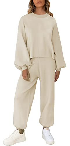Sovoyontee Damen Jogginganzug Loungewear 2-Teiliges Lounge Set Sweatsuit Strickpullover Langarm Trainingsanzug Aprikose S