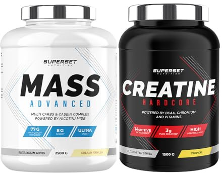 Superset Nutrition | Programme Prise De Masse Avancé - Mass Advanced 2,5kg Vanille Crémeuse - Créatine Hardcore 1,5 kg Tropical | Augmente la prise de masse et intensifie la force et le volume