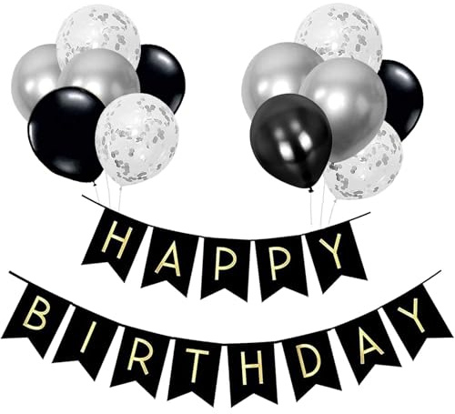 Luftballons Geburtstag Dekoration Set, Schwarz Silber Geburtstagsdeko Happy Birthday deko Banner Party Deko Geburtstag Set mit Schwarz Silber Happy Birthday Luftballons Konfetti Ballons（BK+SR）