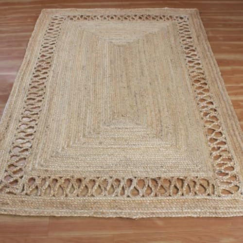 Jaipur Art And Craft Indischer Natur-Jute-Teppich, geflochtener Outdoor-Teppich, handgefertigt, geometrisch, Beige– (3x10 Quadratfuß)