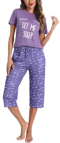 Uniexcosm Pigiama Donna Cotone Estivo Pigiama da Donna Girocollo Set da Donna con Pantaloni Corti Stampati a 3/4 Viola S