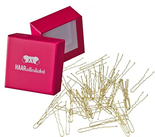 HAARallerliebst® Lot de 50 épingles à cheveux dorées de 5 cm avec boîte de rangement – Pinces à cheveux en forme de U – Fourchettes à cheveux pour femmes et filles (doré ; couleur de la boîte : rose)
