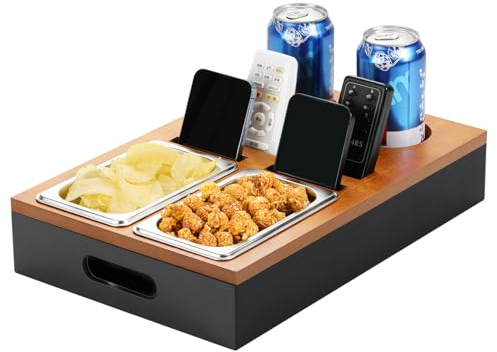 Kssiaz Holz Couchbar, Sofatablett Couch Butler mit 2 Edelstahl-Snackschalen und Getränkehalter, Sofa Organizer Snackbox für Wohnzimmer Sofa Restaurant Picknick Party