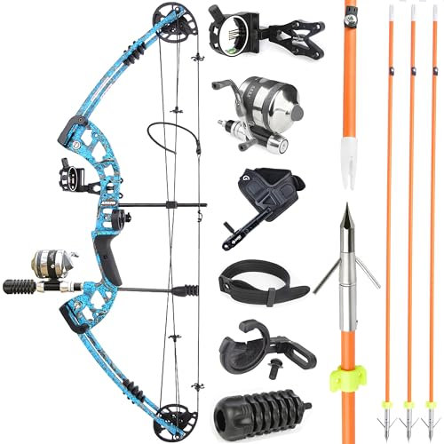 Bowfishing Compoundbögen Kit mit Bowfishing Reel, Bogen Angeln Pfeile, 30-55Lbs, Links/Rechts Hand Bogen für Erwachsene/Jugendliche Angeln Jagd (Blau, Linkshändiger-Bogen)