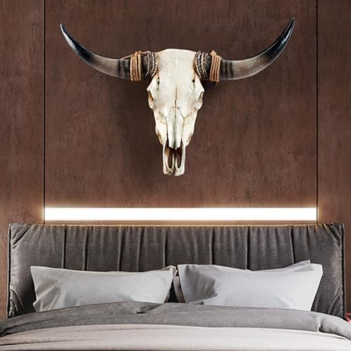 Langer Horn-Kuh-Schädel – Totenkopf aus künstlichem Taxidermie-Kopf, Kuh-Schädel, lange Hörner, Wanddekoration, großer Stier-Schädel, Wandskulptur, Bauernhaus-Dekor, 78,9 x 61 x 17,8 cm (Farbe: