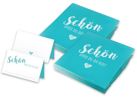 itenga Tischdeko Set - Servietten Schön dass du da bist 30 x 30cm 3-lagig 40 Stück und 48 passende Tischkarten für Kommunion Konfirmation Hochzeit Taufe und andere Feiern (türkisblau)