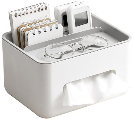 Taschentuchbox Abdeckung, Rechteckige Multifunktionale Serviettenbox mit Schreibwaren Fernbedienungsbox für Wohnzimmer, Büro (Weiße Basis, Grauer Deckel)