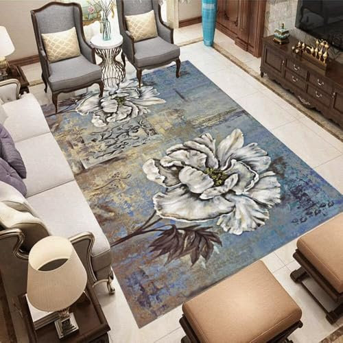 RUGMRZ Wohnzimmer Teppichs Betten Blaues Blumenmuster Dekoration Teppich Schlafzimmer Zubehör pflegeleicht Deko Modern Balkonteppich 160X250CM