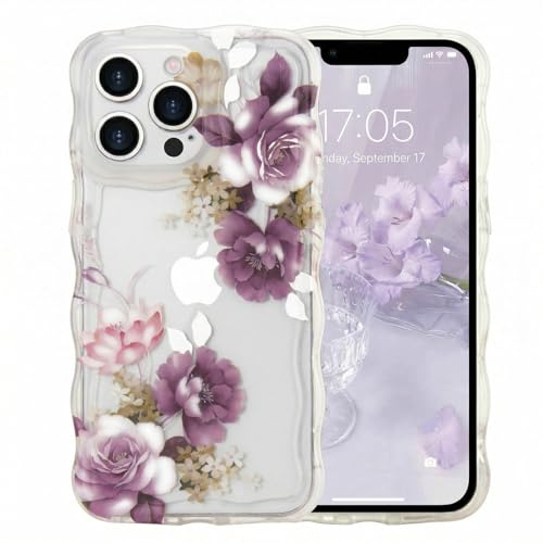 Micoden Durchsichtig Handyhülle für iPhone 13 Pro Max Pfingstrose Blumen | Aesthetic Muster Design Klar Hülle Dünn Niedliche Lockige Wellen Rahmenform Silikon Frauen Mädchen Stoßfest Schutzhülle, Lila