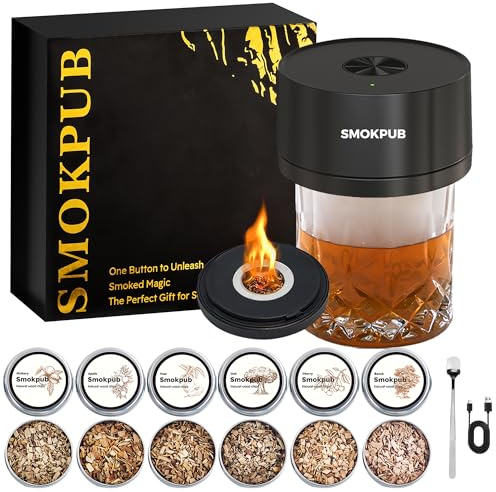 SMOKPUB Electric Whiskey Smoker Kit Built-in Lighter, No Butane Needed, Cocktail Smoker Kit with 6 Wood Chips, Old Fashioned Drink Smoker Kit, Bourbon Whiskey Gifts for Men,Dad,Husband