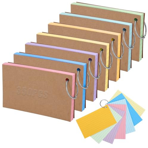Candcamp Flash Cards, 350 PCS Revision Cards Assorted Colours Ruled Index Cards with Binder Ring Blank Flash Cards Record Cards for Office School Home Study