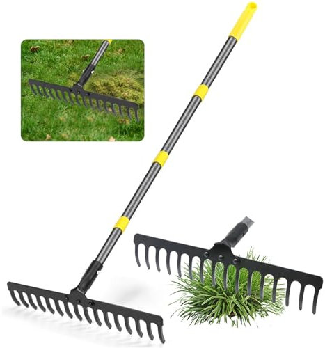 Rechen Garten Länge Einstellbar 75-158cm,Harke Garten mit Stiel Gartenrechen Metall mit 16 Stahlzinken, Rasenrechen für Lockern von Boden und Nivellieren von Rasen,Hof,Rasenharke Robust und Langlebig