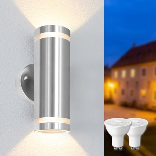 Mizlay 1 Stück Wandleuchten Außen/Innen mit 2x 5W GU10 Lampen Warmweiß,Up Down Leuchte Aussen,Edelstahl Wandleuchte Wasserdichte IP44,Wandlampe Downlight für Eingang Terrasse, Silber mit Diffusor