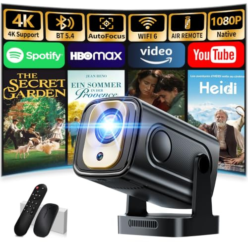 Mini Beamer 4K 1080P [2026 Neuer & Automatische Focus] Projektor Tragbarer mit WiFi 6 und Bluetooth 5.4 mit 270° Drehbarer & Automatische Trapezkorrektur mit HDMI/TV Stick/Memory Stick/Laptop, Schwarz