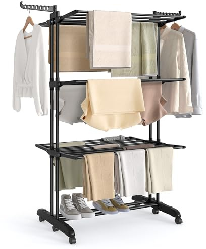 SONGMICS Large Clothes Airer, Foldable Clothes Drying Rack Horse 4-Tier, Moveable, 63.5 x 125.5 x 173 cm, Stainess Steel, Folding Wings, Indoor Outdoor Use, Ink Black LLR703BZ02