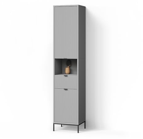 Livinity Badschrank ATERNO, Grau, 40 x 190 cm | mit Türen, und Schublade