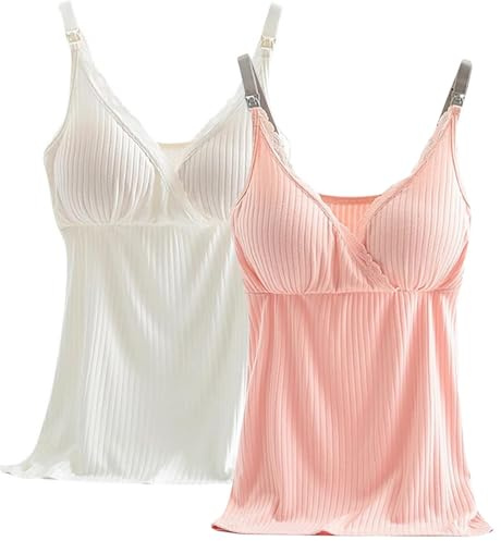 AOOPOO Confezione da 2 Canotta da Allattamento per Donna, Canottiera Pigiama Scollo a V in Pizzo con Cuscinetti Rimovibili per Dormire Allattamento Reggiseno Top Gravidanza Pigiama Canotte, M-3XL