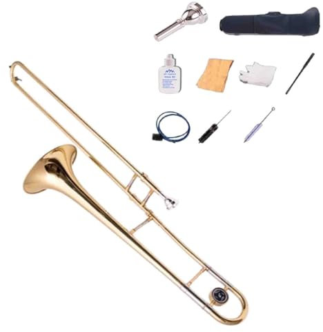 Alto Trombone Instrument for Beginners, E Flat B Flat,Brass Instrument Lacquered,Alto Trombone in E Flat with Gold Lacquer Finish - Includes Case, Mouthpiece, Gloves, Cleaning Cloth