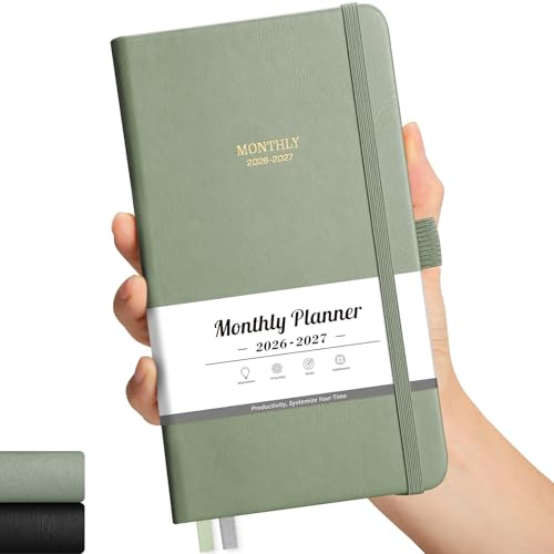 LOAPEM 2026-2027 Monthly Planner, Jan 2026 - Dec 2027, Pocket Size (4.3 x 5.9), 2026-2027 Calendar, 24 Self-adhesive Monthly Tabs, Leather Hardcover, 100 GSM Thick Paper (Light Green)