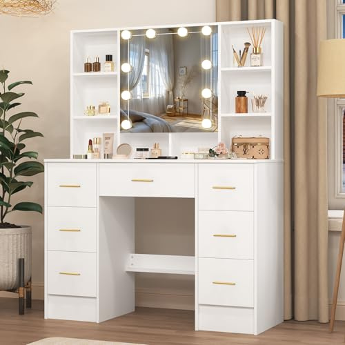 LIANWANG Large Vanity Table, White Vanity Set with Mirror and Lights, 7 Drawers 8 Shelve Makeup Desk with Metal Handles for Girls and Women, White
