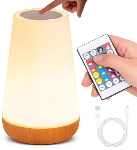 Night Light, LED Touch Bedside Table Lamp, Dimmable with 13 RGB Colors & 5 Brightness Levels, USB Rechargeable Remote Control Lamp with Timing Function, Portable Lamp for Bedroom, Living Room, Camping