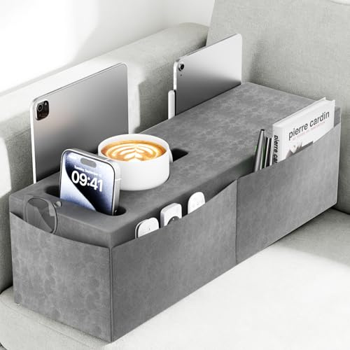 Heyife Couch Armrest Caddy with Cup Holder, Portable Sofa Armrest Pillow Drink Holder Table Tray with 5 Large Side Storage Pockets, Portable Sofa Rrmrest for Reading & Bed Rest Pillows Armrest