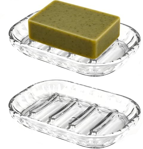 Tvålkopp med dränering, 2 stycken tvålskålar av plast – självtömande, transparent tvålkopp med halkfri undersida för badrum, dusch, kök (13 x 9 cm)