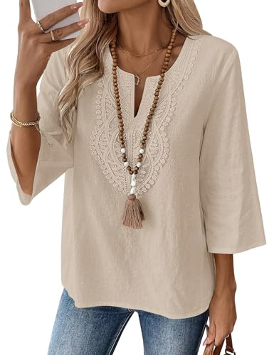 Rapbin Damblus, 3/4-ärm, elegant, V-ringad, bomull, spets, casual, lös, tunika, M