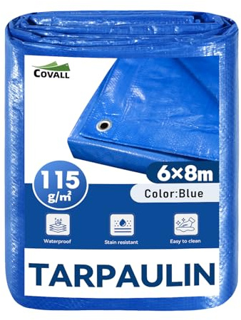 COVALL Telone Blu 6x8m 115g/m² Impermeabile Antistrappo carichi pesanti | con occhielli metallici, antistrappo, multiuso, per tutte le stagioni, ideale per campeggio, giardino, auto e trampolino