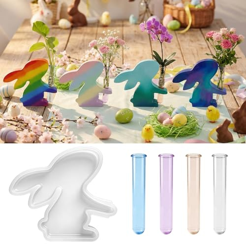 Stampi in Silicone per Pasqua, Stampo in Silicone per Coniglio con 4 Provette, Vaso di Coniglio in Resina epossidica, per Stazione di Propagazione delle Piante, Regalo di Pasqua | Vaso di Coniglio in Resina epossidica con 4 Provette, Stampi per Stazione di Propagazione delle Piante, Regalo di Pasqua